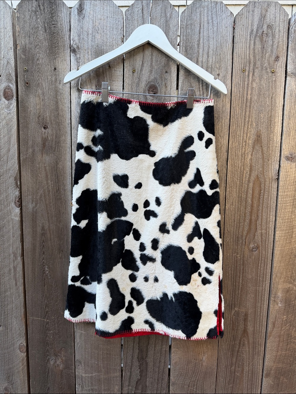 Vintage Black and White Cowprint Faux Fur Skirt with red silk lining